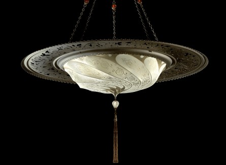 Fortuny Silk Pendant Scudo Saraceno, Classico Design shown in Ivory c/w Decorative Metal Rim BUY thru www.luminosodesign.com